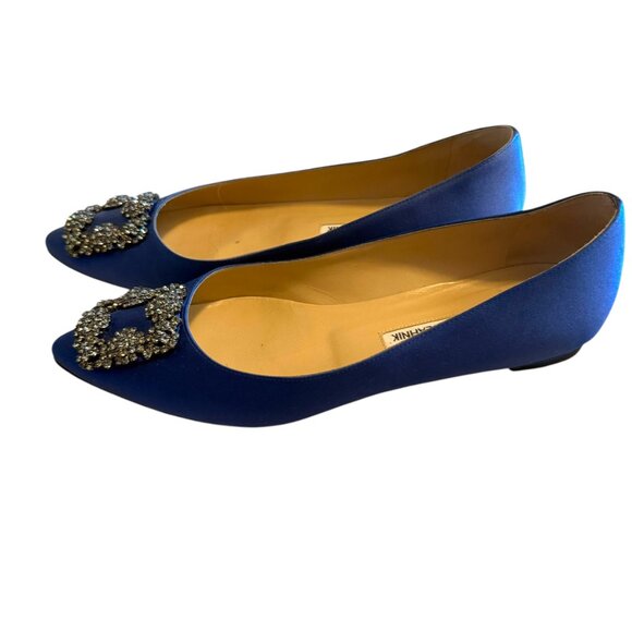 MANOLO BLAHNIK | Hangisi Crystal-Buckle Satin Flat 38.5 8.5 BLUE - Picture 14 of 16
